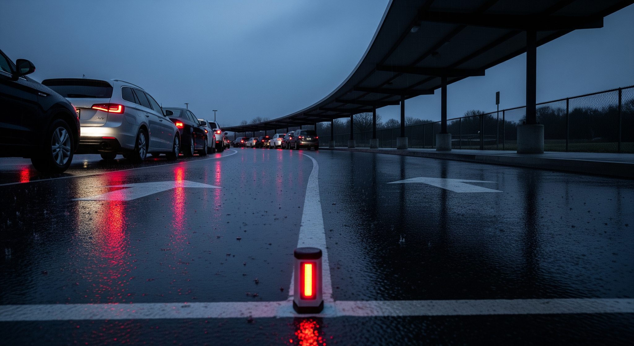 A school carpool dismissal queue at dusk in light rain, brake lights reflecting on wet asphalt, with a single crimson status beacon in the foreground.