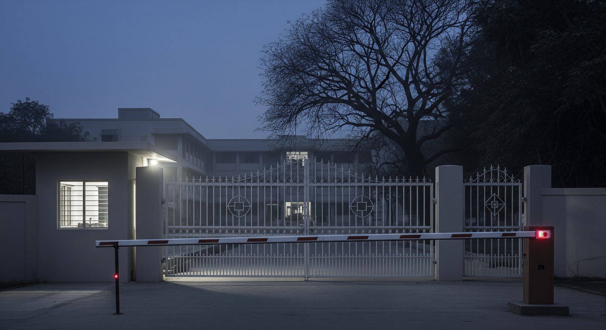 A large Indian school campus gate at dusk, with a lit security cabin and a drop-arm boom barrier across an empty entrance driveway.