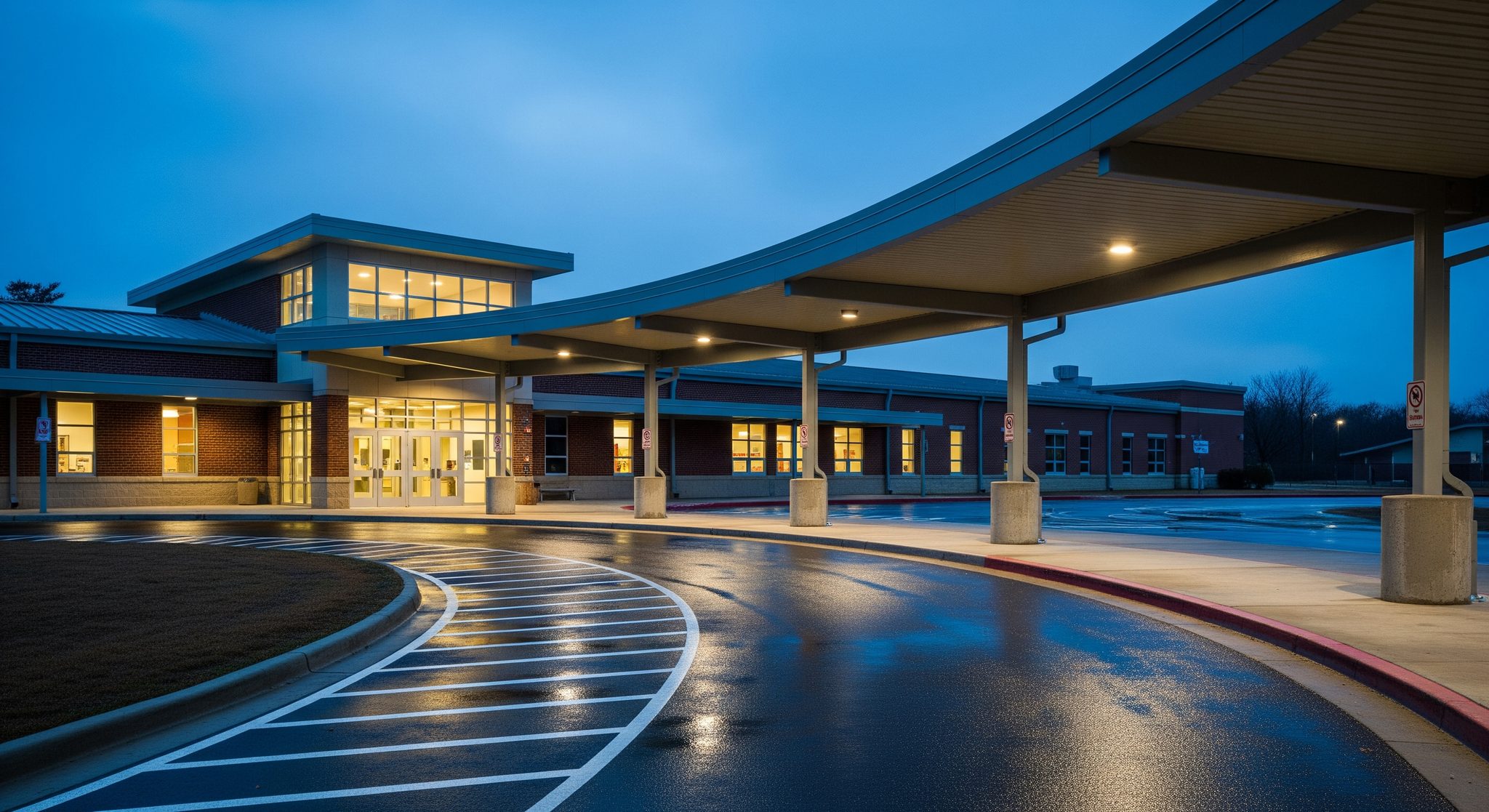 A suburban US K-12 school entrance at dusk, with a covered carpool canopy and an empty curved drop-off lane wet from rain.