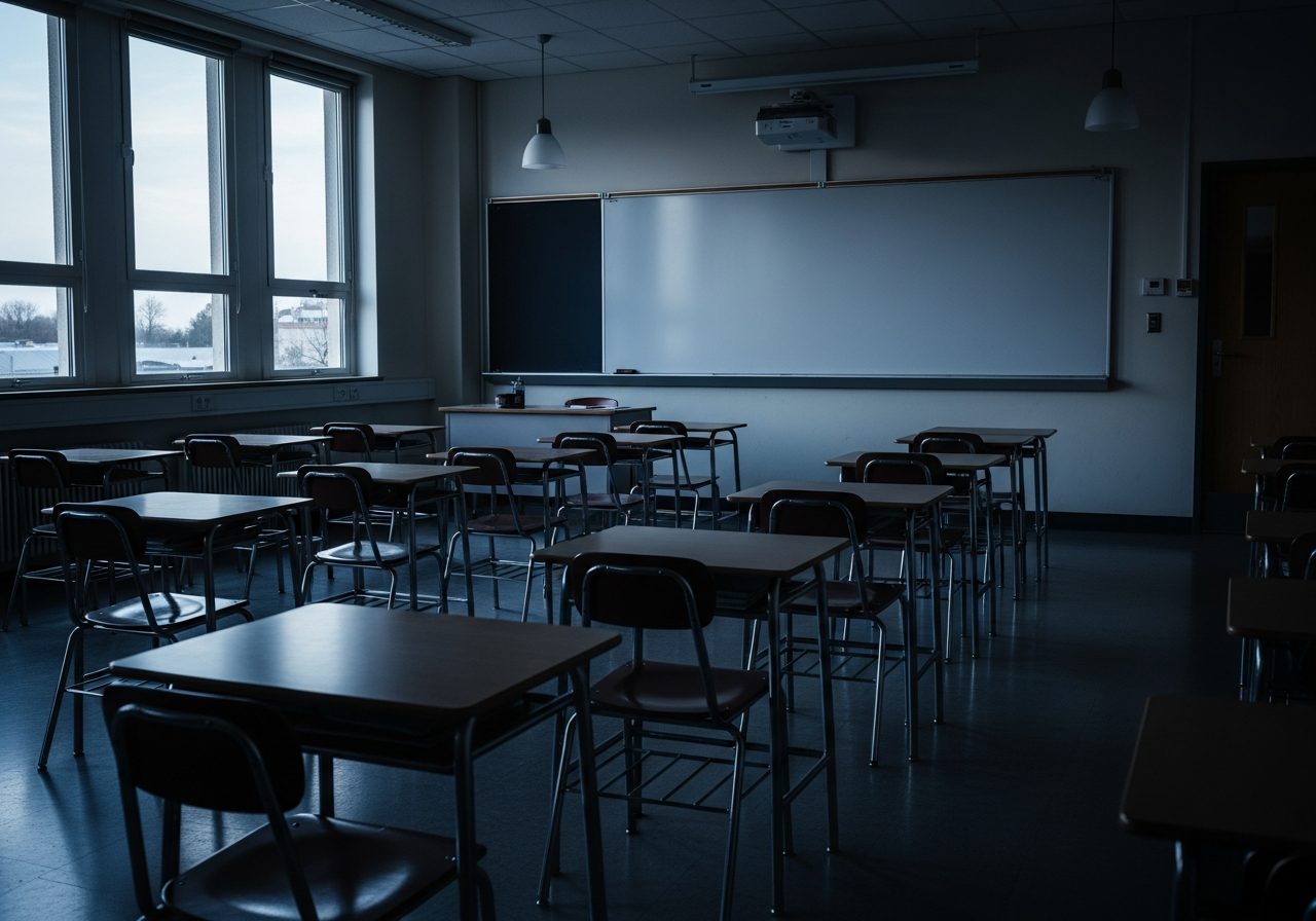 An empty classroom at dusk with rows of desks and a blank board, lit by cool evening light from tall windows.
