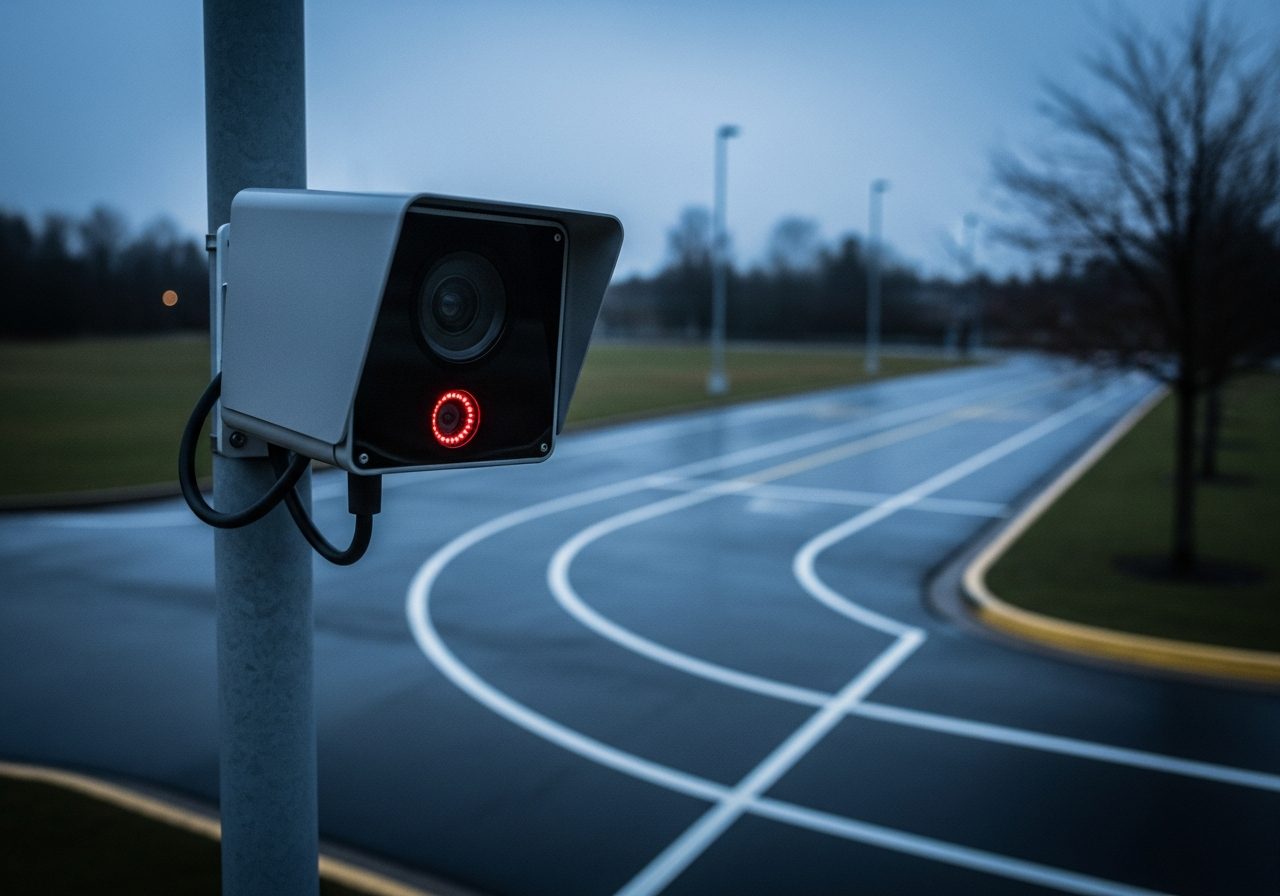 A weatherproof license-plate recognition camera mounted on a pole over an empty carpool lane at dusk, its infrared ring glowing red.