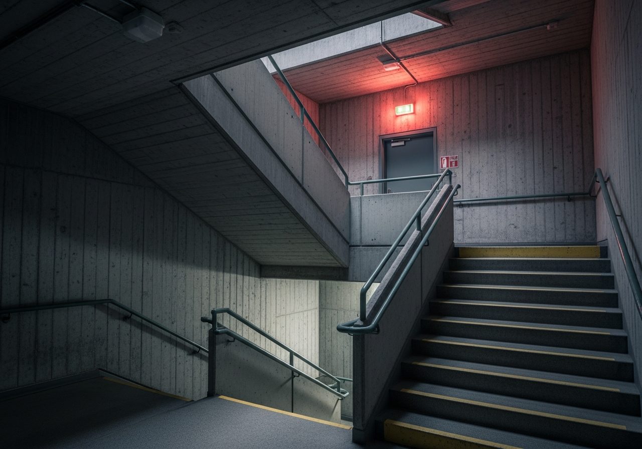 An empty concrete emergency stairwell at night with a steel handrail and a glowing red exit light above the door.