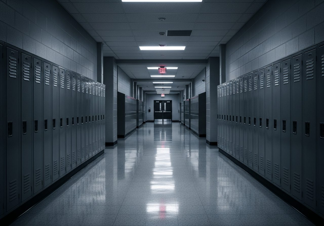 An empty after-hours school corridor lined with lockers, a red exit sign glowing at the far end.