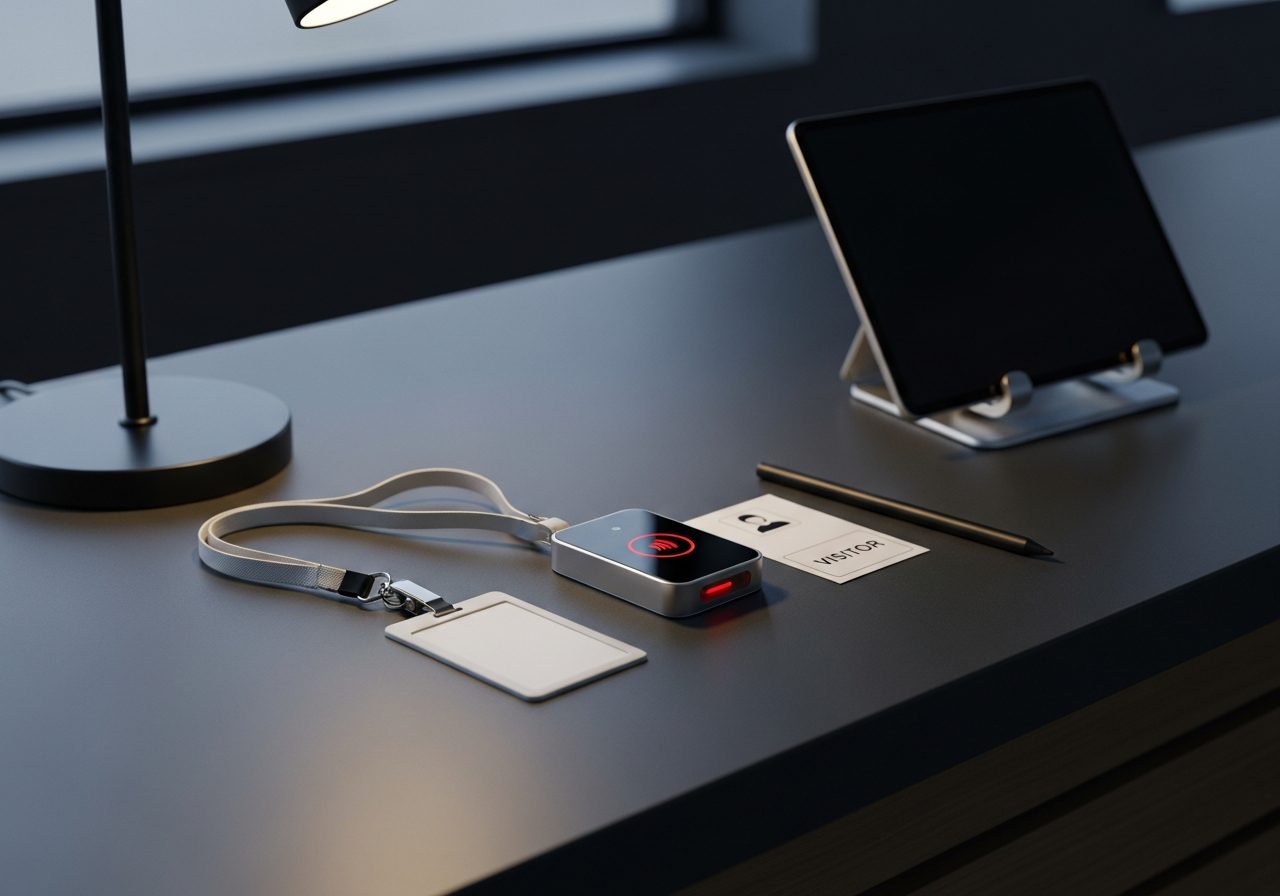 A front-desk check-in counter at dusk with a visitor badge on a lanyard and a contactless reader showing a red status light.